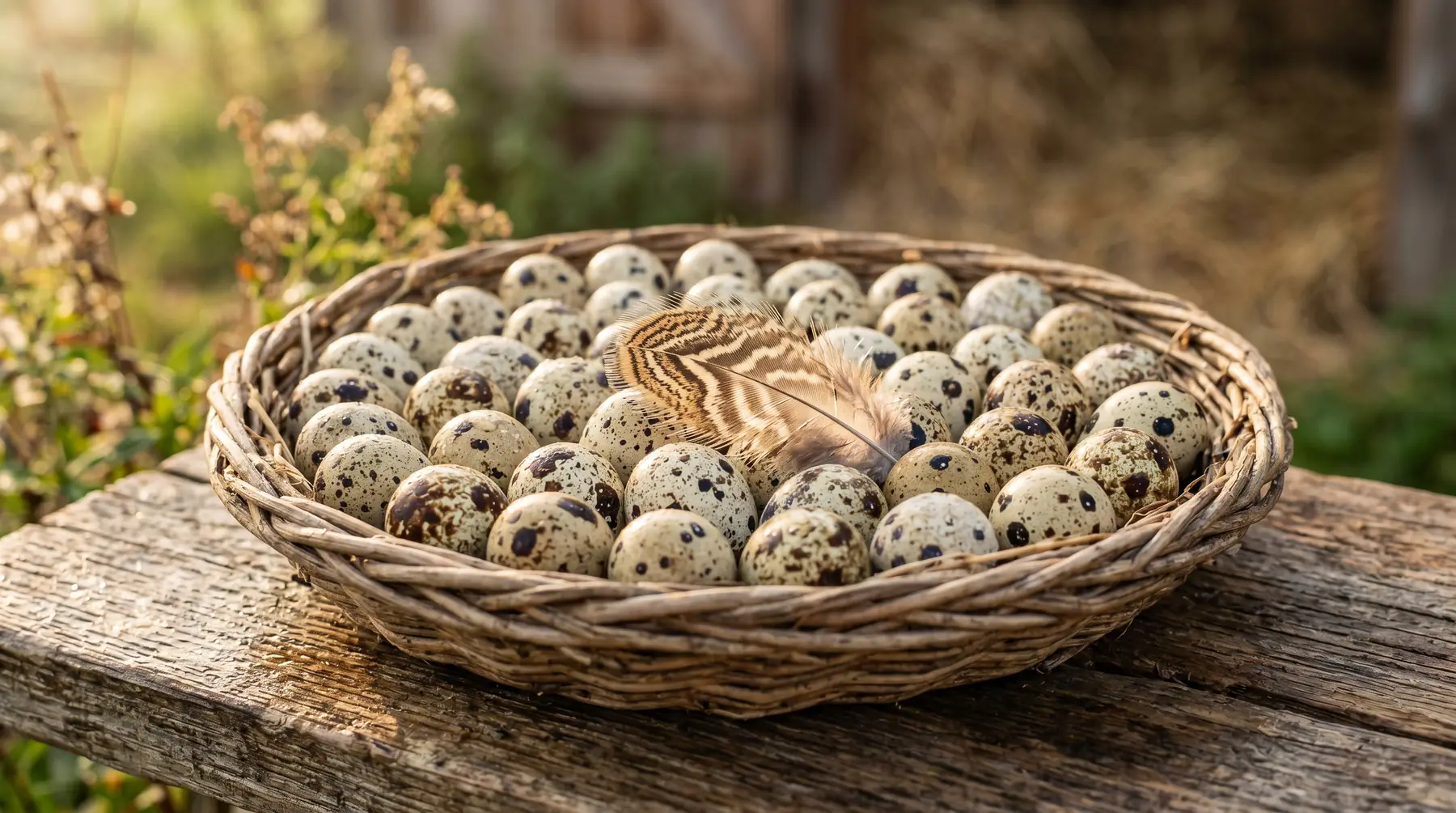 A woven basket overflowing with tiny speckled quail eggs and a quail feather on weathered wood.